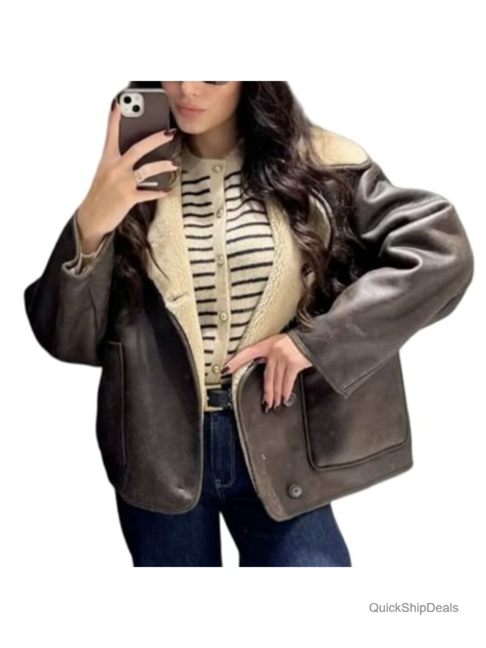 Women's Faux Suede Fleece Lined Oversized Trucker Jacket Coat